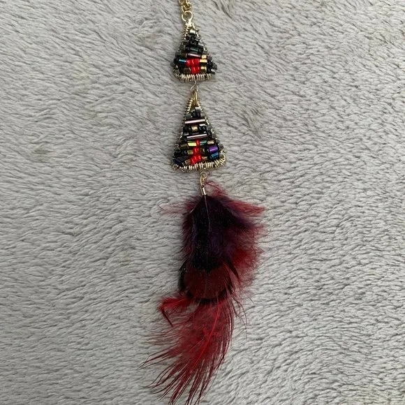 Express Layered Golden-Toned Beaded Triangles and Feather Necklace - Picture 10 of 15